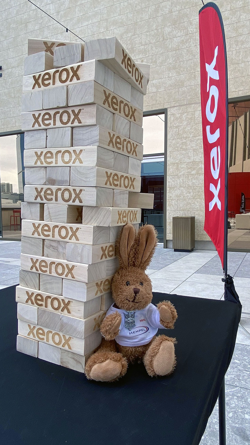 Das Maskottchen Hasi sitzt vor Xerox Bausteinen